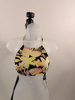 Hurley Neon Floral High Neck Swim Top in Black, Yellow & Pink